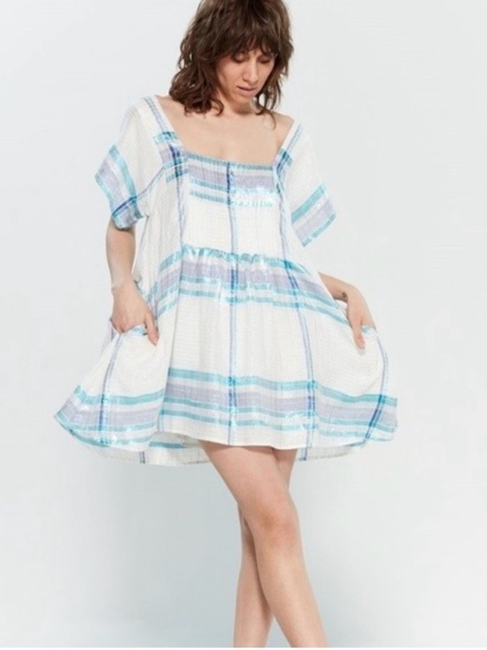 FREE PEOPLE Barcelona Shimmer
Plaid Metallic Mini Dress Pockets - Size Large